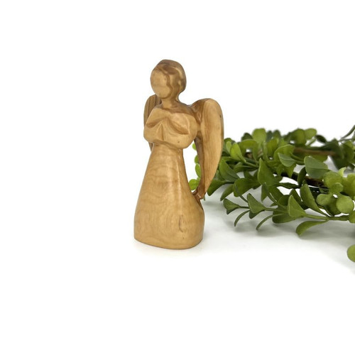 Praying Angel Figurine, Olive Wood Guardian Angel Figurine Handmade in the Holy Land, Angel Decorations for Home, Encouragement Present, Angel for Sympathy Gift, Remembrance Angel Statue