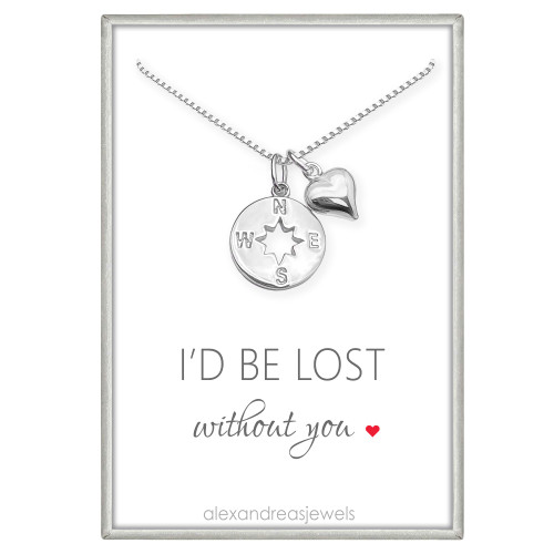 Compass Necklace for Women, Sterling Silver Compass Pendant wit Puffed Heart Charm Necklace, I'd be Lost Without You, Girlfriend Gift Necklace, Wife Anniversary Gift, 18 inches