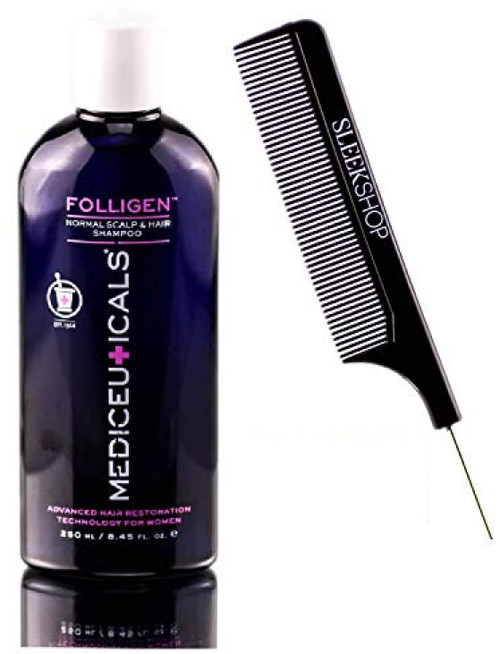Therapro MEDIceuticals FOLLIGEN Normal Scalp & Hair SHAMPOO for WOMEN (w/Sleek Steel Pin Tail Comb) Woman Suffering from Hair Loss. (8.45 oz / 250 ml - ORIGINAL SIZE)