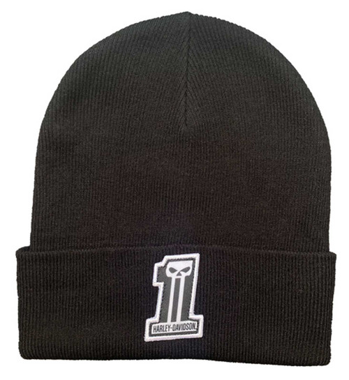 Harley-Davidson Men's Woven Dark Custom #1 Skull Patch Cuffed Beanie Hat - Black