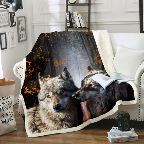 Wolf Sherpa Blanket Kids Safari Animal Pattern Fleece Throw Blanket Wildlife Style Plush Blanket 3D Wolf Couple Fuzzy Blanket Room Decor Twin 60"x80"