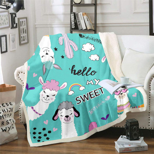 Erosebridal Llama Alpaca Flannel Blanket Cute Llama Sherpa Blanket Cartoon Llama Alpaca Throw Blanket for Boys Girls Children Teens Animal Theme Warm Plush Blanket, Green Twin 60"x80"