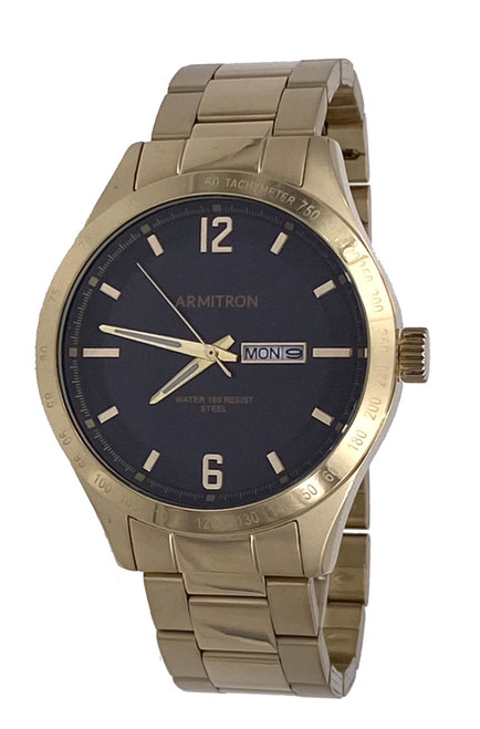 Armitron 20/5404BKGPTC Men's Gold Tone Black Dial Day Date 3-Hand Analog Watch