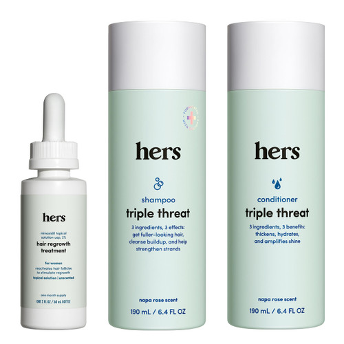 Hers Thick Fix Shampoo, Conditioner and Minoxidil Serum - Hair Loss Treatment For Women - Includes Serum 2% Minoxidil Treatment, Color Safe Hair Thickening Shampoo and Conditioner - 3 Count
