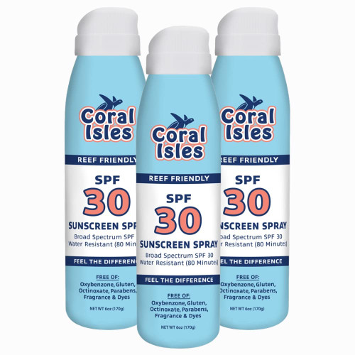 Coral Isles Sunscreen Spray SPF 30 - Broad Spectrum UVA/UVB Protection - Hawaii 104 Reef Act Compliant (Oxybenzone & Octinoxate Free) - Non-Greasy, Fragrance Free - Water Resistant - 6 Fl Oz 3 pack