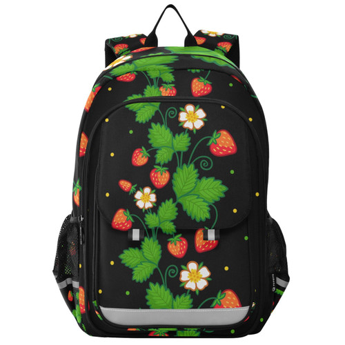 Glaphy Strawberry Flowers Leaves Black Backpack School Bag Lightweight Laptop Backpack Student Travel Daypack with Reflective Stripes