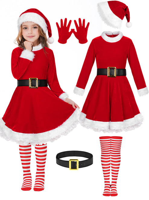 AOTHSO 5 Pack Girls Christmas Santa Suit Dress Velvet Dress Costume with Belt Striped Over Knee High Socks Hat Gloves for Santa Claus Outfit Cosplay