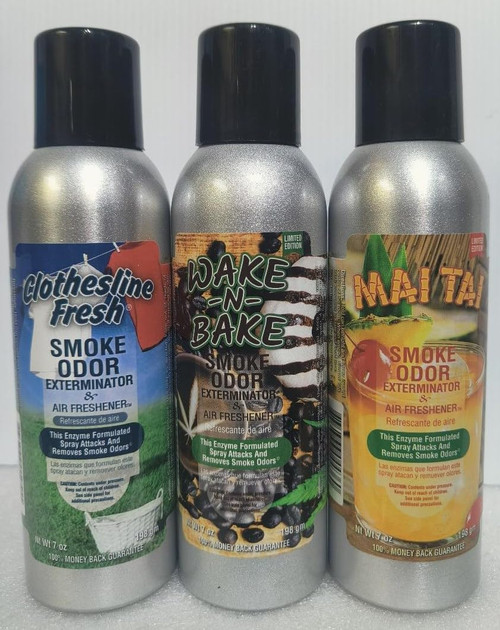 Smoke Odor Exterminator 198 gm/ 7 oz Large Spray Clothesline Fresh Set of Three Cans. Assortment (3) Includes Clothesline Fresh, Wake N Bake & Mai Tai.