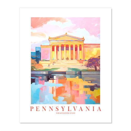 Pennsylvania Travel Print PA State Art Museum Pink Orange Teal Wall Art Landscape Retro Poster Keystone State (18x24 inches)
