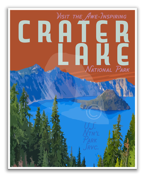 Crater Lake National Park Vintage Style Travel Poster, Crater Lake Oregon Print, Crater Lake Canvas, National Park Poster (Poster, 16x20 Inches)