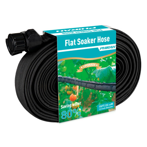 PHIRAH Flat Soaker Hose for Garden Bed,25 50 75ft 50ft*2 1/2" Linkable Consistent Drip Irrigation Hose Save 80% Water Leakproof Heavy Duty Double Layer Sprinkler Garden Hose with Holes (75FT)