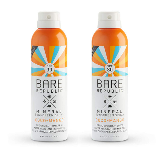 Bare Republic Mineral SPF 30 Sport Sunscreen Spray. Coconut-Mango Sheer and Strong Water-Resistant Sunscreen Spray with SPF 30 (6 Ounces) 2 Pack. Bare Republic Mineral SPF 30 Sport Sunscreen Spray. Coconut-Mango Sheer and Strong Water-Resistant Sunscreen Spray with SPF 30 (6 Ounces) 2 Pack.