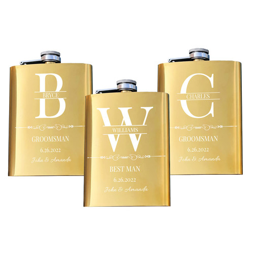 Set of 3 Personalized Groomsmen Flask, Custom Engraved 8oz Stainless Steel Flask, Hip Flasks for Wedding Favors, Best Man and Groomsman Gift Set, Gold