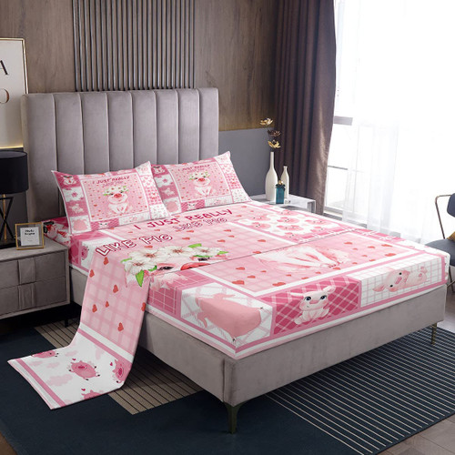 Manfei Cute Pink Pig Sheet Set Twin Size Flower Pigs Print Bed Sheet Set 3pcs with Deep Pocket Fitted Sheet + Flat Sheet + 1 Pillowcase Plaid Grid Print Bedding Set for Kids Boys Girls Room Decor