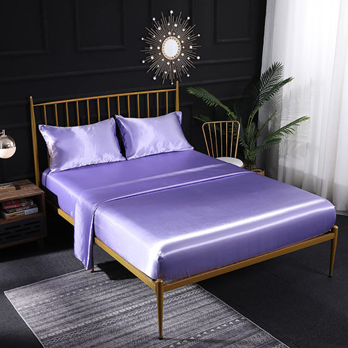 Thmyo Satin Bed Sheet Set,Extra Soft Deep Pocket Silky Satin Sheet Set with 1 Fitted Sheet +1 Flat Sheet + 2 Pillow Cases (4-Piece Light Purple, Full)