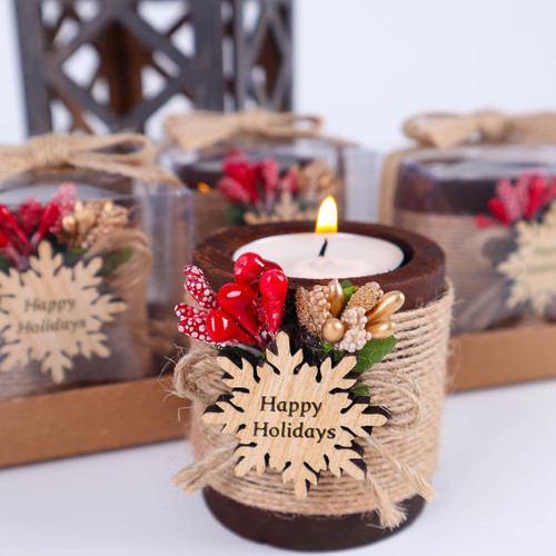 Pack of 10 Wood Tealight Candle Holder, Christmas Tealight Candle Holder Decorations, Wooden Cylinder Candle Holders for Table Centerpiece, Tealight Holder Thank You Gifts (Snowflake Tag, Dark Brown)