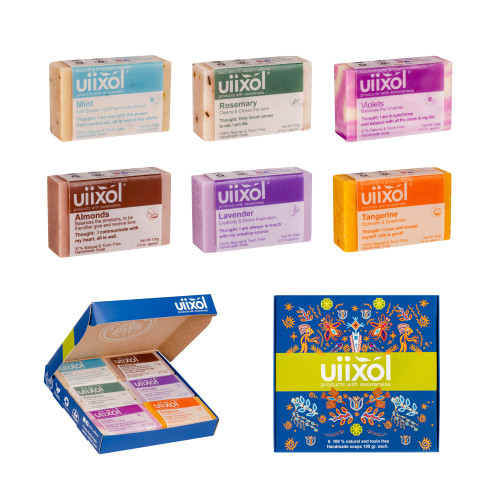 UIIXOL Essential Oils - Set of 6 Handmade Soap Bars, Aromatherapy Bath Soaps with Lavender, Mandarin, Peppermint, Rosemary, Violet and Almonds 100gr each