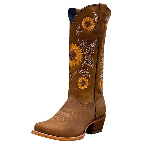 Cowgirl Boots Women Brown Square Toe,Cowboy Boots Women Western Cowgirl Boots Ladies Pointy Toe Fashion Retro Classic Pull-On Knee High Embroidered wide calf Chunky Heel Boots