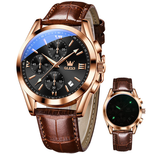 OLEVS Men's Leather Watches Brown Black Big Face Watch for Men Waterproof Chronograph Watches for Men Sport Dress Watches Men Analog Quartz Watch Men Gold with Date Mens Watches