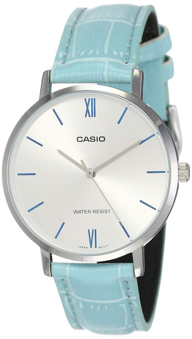 Casio LTP-VT01L-7B3 Women's Minimalistic Silver Dial Blue Leather Band Analog Watch