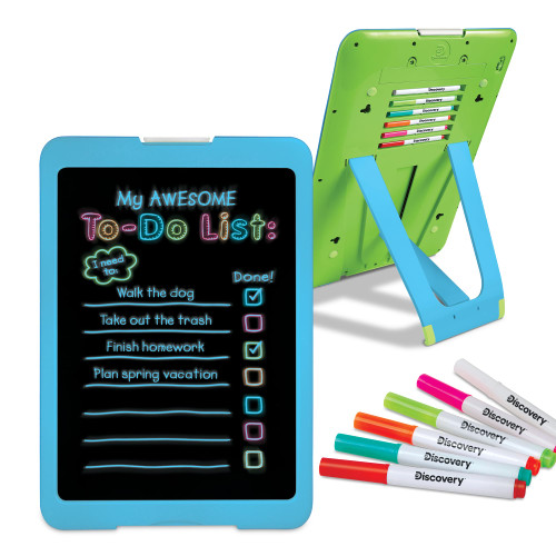 Discovery Neon Glow Drawing Easel w/ 6 Color Markers & 3 Tracing Stencils, Built-in Kickstand/Wall Mount, 5 Light Modes, Easy Clean/Washable, Wide Screen, Flat Storage, Portable Travel Activity Tablet