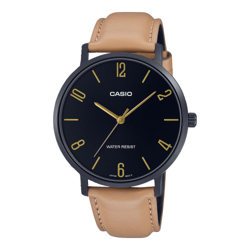 Casio MTP-VT01BL-1B Men's Minimalistic Black IP Leather Band Black Dial 3-Hand Analog Watch