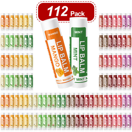Yopela 112 -Pack Natural Lip Balm in Bulk with Vitamin E and Coconut Oil - Moisturizing, Soothing, and Repairing Dry and Chapped Lips - 14 Flavors - Non-GMO