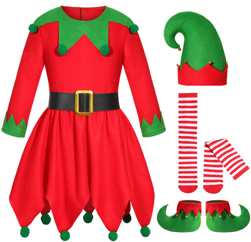 Ekoropshop Girls Christmas Elf Costume Dress with Elf Hat Shoes Belt Striped Stockings (7-8 Years)