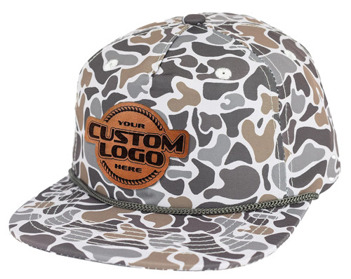 Custom Leather Patch Rope Hat, Laser Engraved for Company brand, Personalized Logo or Text (Smokeshow Camo Grey Rope)