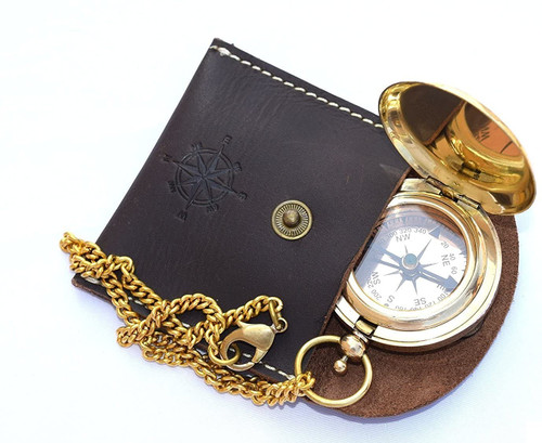 ARTIZANSTORE Handmade Brass Push Open Compass On Chain with Leather Case, Pocket Compass for Hiking and Camping