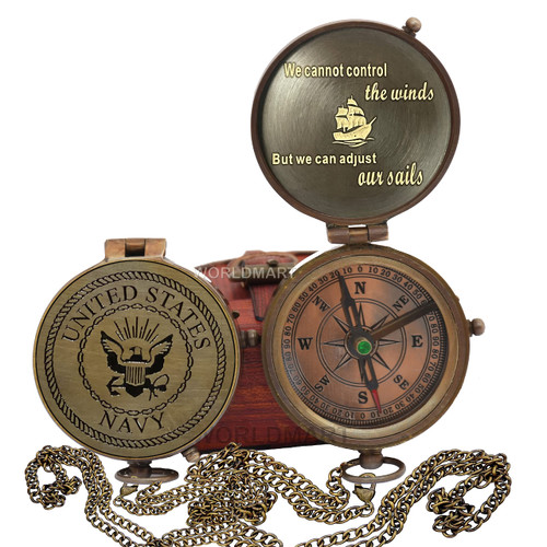 Personalized Engraved Brass Sundial Compass- Viking Baptism Pocket Compass- Compass in Leather Case for Men, U.S Navy Gift