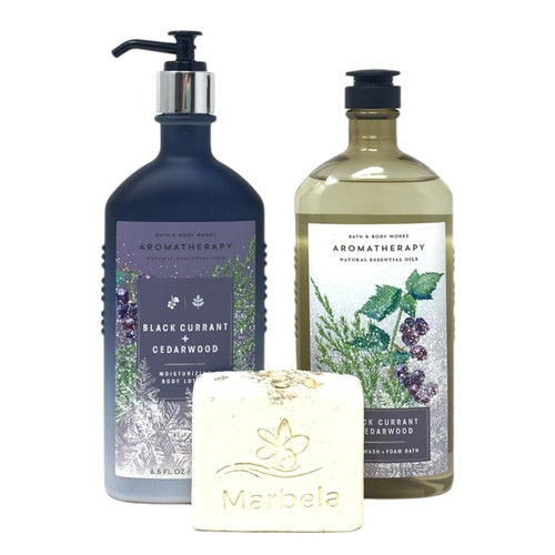 Bath & Body Works Aromatherapy BLACK CURRANT CEDARWOOD 2 Piece Bundle - Body Lotion and Body Wash + Foam Bath - with a Natural Oats Bar Soap - Full Size