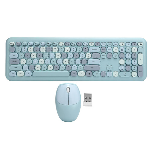 Wireless Keyboard and Mouse Combo, 2.4G Slim Full Size Colorful Keyboard Mouse Set, 110 Keys Cute Round Retro Typewriter Keyboard for Windows, Computer, PC, Notebook, Laptop(Blue)