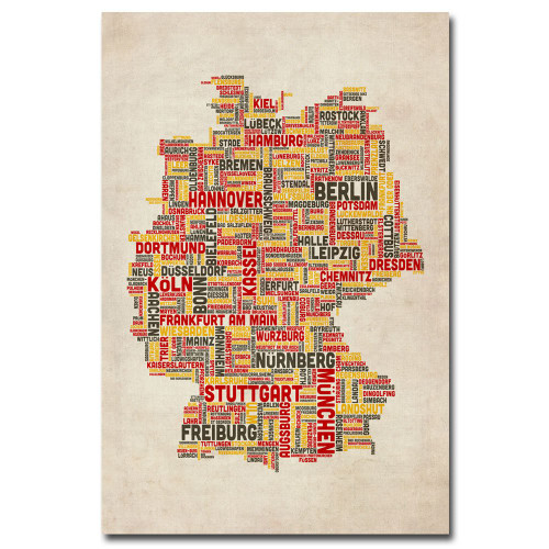 Germany Cities Text Map Artwork by Michael Tompsett, 18 by 24-Inch Canvas Wall Art