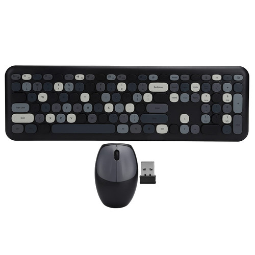 Wireless Keyboard and Mouse Combo, 2.4G Slim Full Size Colorful Keyboard Mouse Set, 110 Keys Cute Round Retro Typewriter Keyboard for Windows, Computer, PC, Notebook, Laptop(Black Gray)
