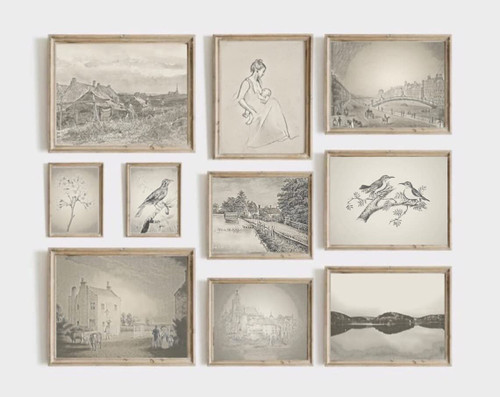 Set 10 Landscape Wall Art Moody Decor, Sketches Wall Art, Sketch Print, Vintage French Art Prints And Posters, French Country Canvas Wall Art, French Country Artwork Antique Wall Decor