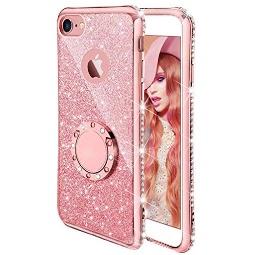 Compatible Apple iPhone 7 iPhone 8 Case, ANERNAI Glitter Cute Girls Women Kickstand Bling Diamond Rhinestone Bumper Ring Stand Protective Durable TPU Cover (Rose Gold)
