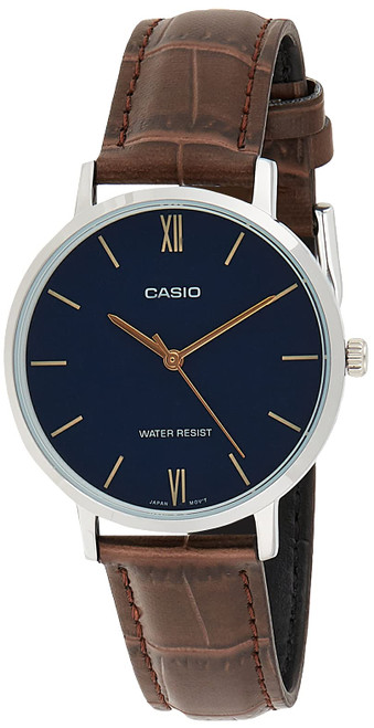 Casio LTP-VT01L-2B Women's Minimalistic Blue Dial Brown Leather Band Analog Watch