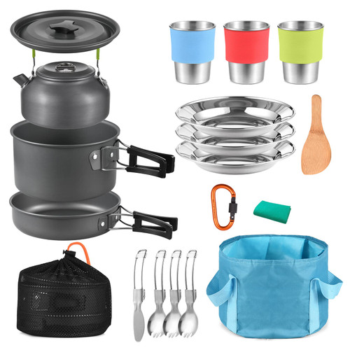 HUIOP Camping cookware Mess kit, 22pcs Camping Cookware Mess Kit Camping Pot and Pan Cooking Set Outdoor Camping Hiking Backpacking Survival Gear