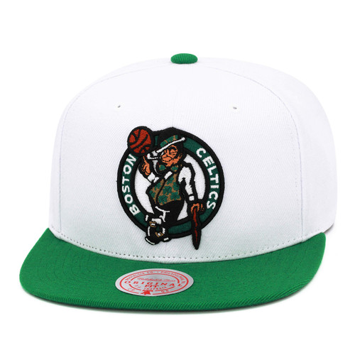 Mitchell & Ness Boston Celtics Snapback Hat - White/Green/Throwback Logo - Basketball Cap for Men