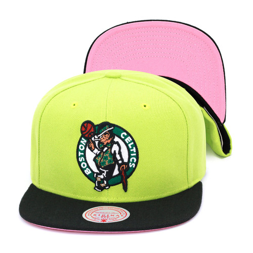 Mitchell & Ness Boston Celtics Snapback Hat Adjustable Cap - Light (Pastel) Green/Pink Bottom