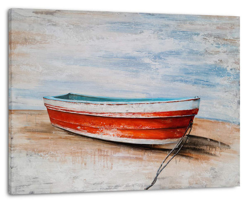 SYGALLERIER Nautical Canvas Wall Art Hand Painted Red Boat Still Life Painting Modern Coastal Pictures Aesthetic Artwork for Living Room Bedroom Bathroom Decor