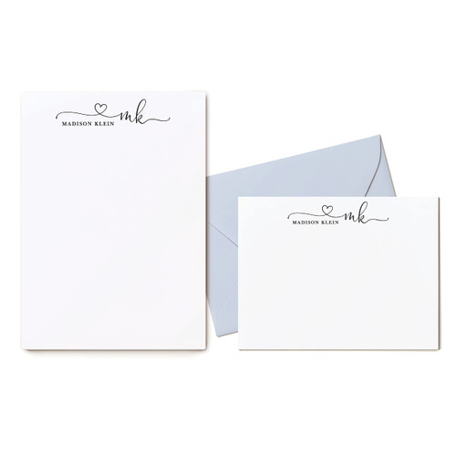 CURIO PRESS Personalized Stationery BUNDLE - Flat Cards, Envelopes + Notepad - Womens Heart Cursive Stationary Set - PRECIOUS MONO 2-SET
