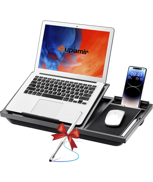 Supamir Laptop Lap Desk with Cushion, Adjustable Laptop Stand for Bed & Couch with Mouse Pad, Device Ledge and Phone Holder. Includes Stylus Pen for Touch Screens, Fits Up to 16.5" Notebooks