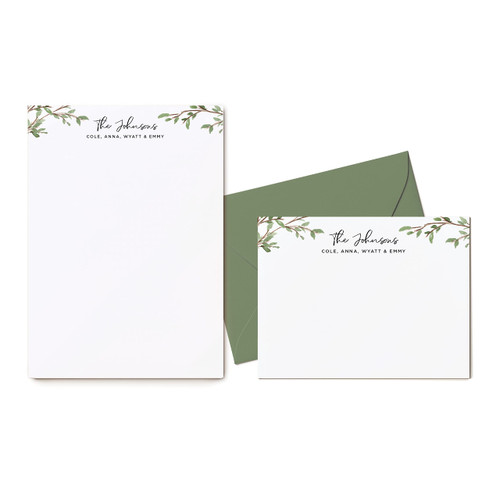 CURIO PRESS Personalized Stationery BUNDLE - Flat Cards, Envelopes + Notepad - Rustic Family Modern Farmhouse Stationary Set - WOODLAND 2-SET
