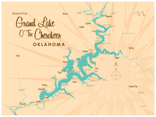 Grand Lake O' The Cherokees Oklahoma Map Giclee Art Print Poster from Illustration by Lakebound 18" x 24"
