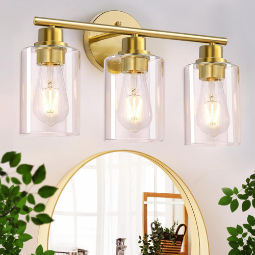 CRIRY 3-Light Brushed Gold Bathroom Vanity Lighting Fixtures Over Mirror, Modern Wall Sconces with Clear Glass Shade, Wall Mounted Lamp for Bedroom Hallway Living Room Kitchen,Bulb Not Included CRIRY 3-Light Brushed Gold Bathroom Vanity Lighting Fixtures Over Mirror, Modern Wall Sconces with Clear Glass Shade, Wall Mounted Lamp for Bedroom Hallway Living Room Kitchen,Bulb Not Included