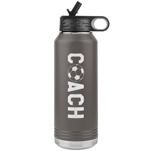 JFWcreations Soccer Coach Water Bottle - 32oz Insulated Engraved Stainless Steel Flip Top with Straw Soccer Coach Gift Pewter