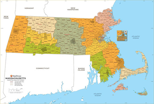 Massachusetts ZIP Code Map with Counties - Standard - 36" x 24.5" Paper