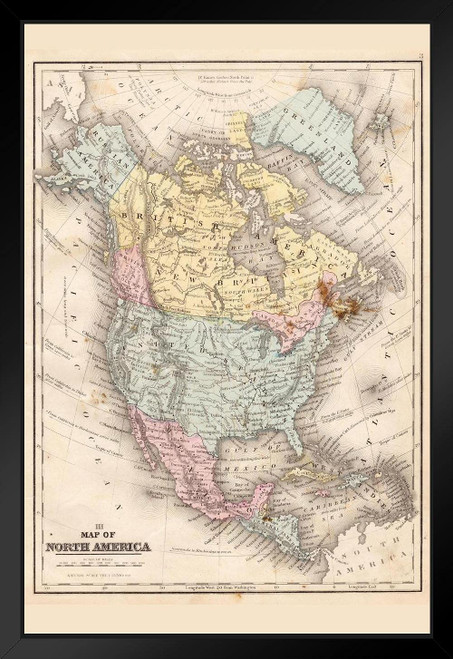 North America 1867 Vintage Antique Style Map Travel World Map with Cities in Detail Map Posters for Wall Map Art Wall Decor Geographical Illustration Destination Black Wood Framed Art Poster 14x20